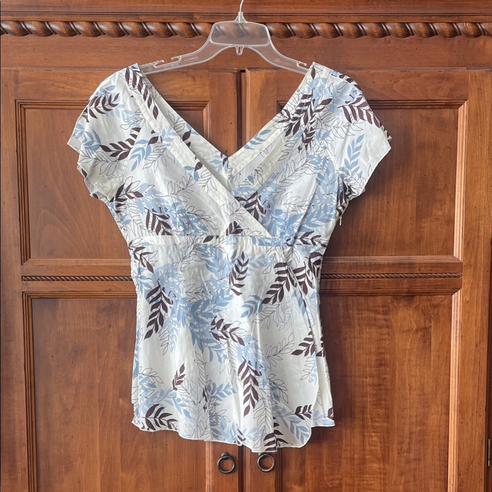Mexx Leaf Print V-Neck Blouse - Blue and Brown